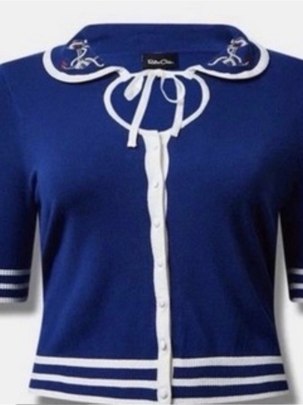 Navy Blue Knit Cardigan with White Trim and Sailor Collar Retro Chic/torrid